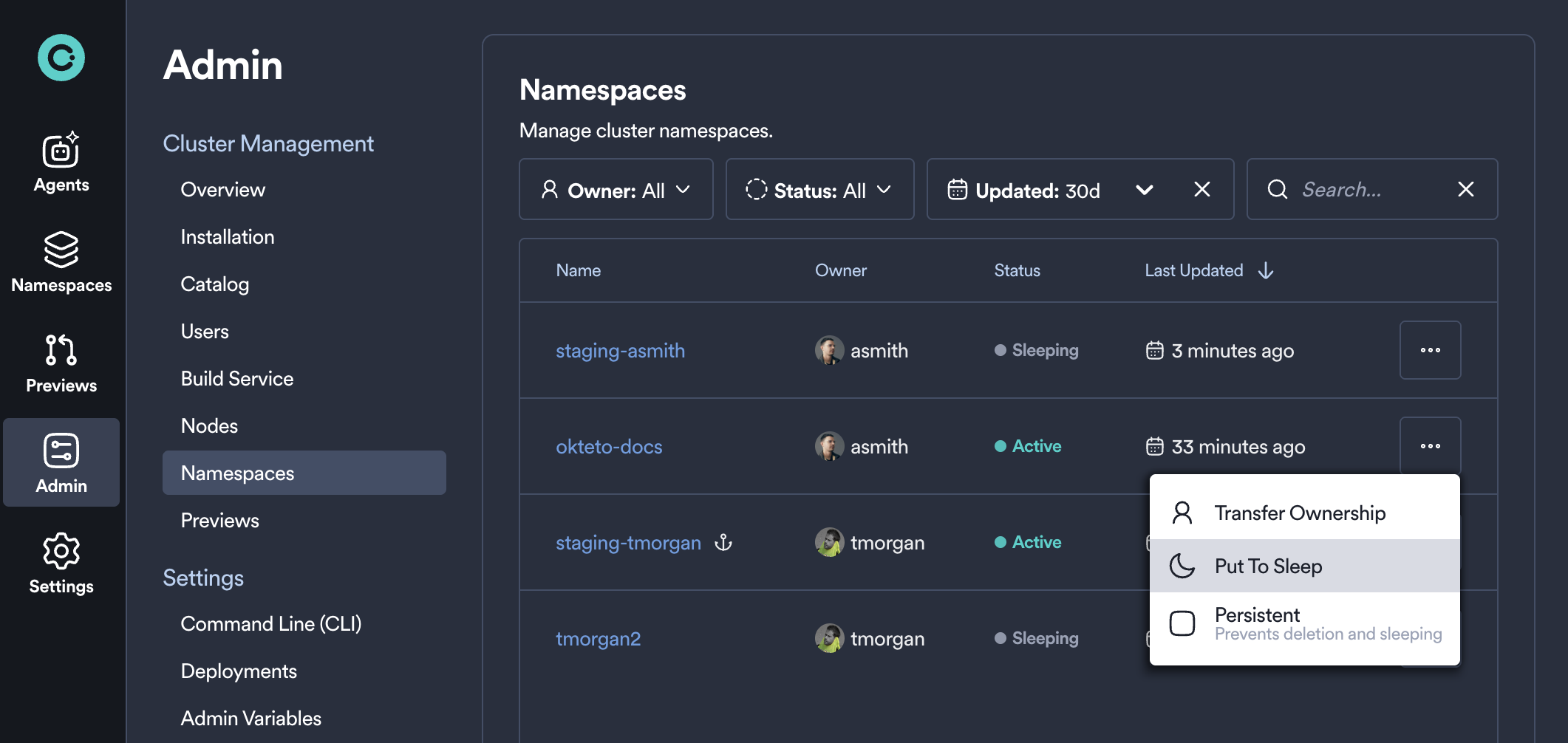 sleep option in the namespace actions dropdown menu